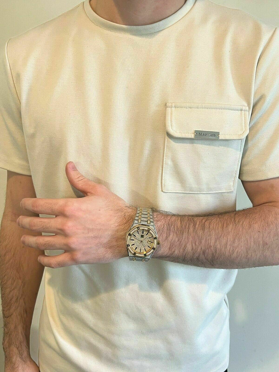 Hip Hop Real Mens Watch Iced Bust Down Skeleton Back Automatic Gold Two Tone 44mm HipHop