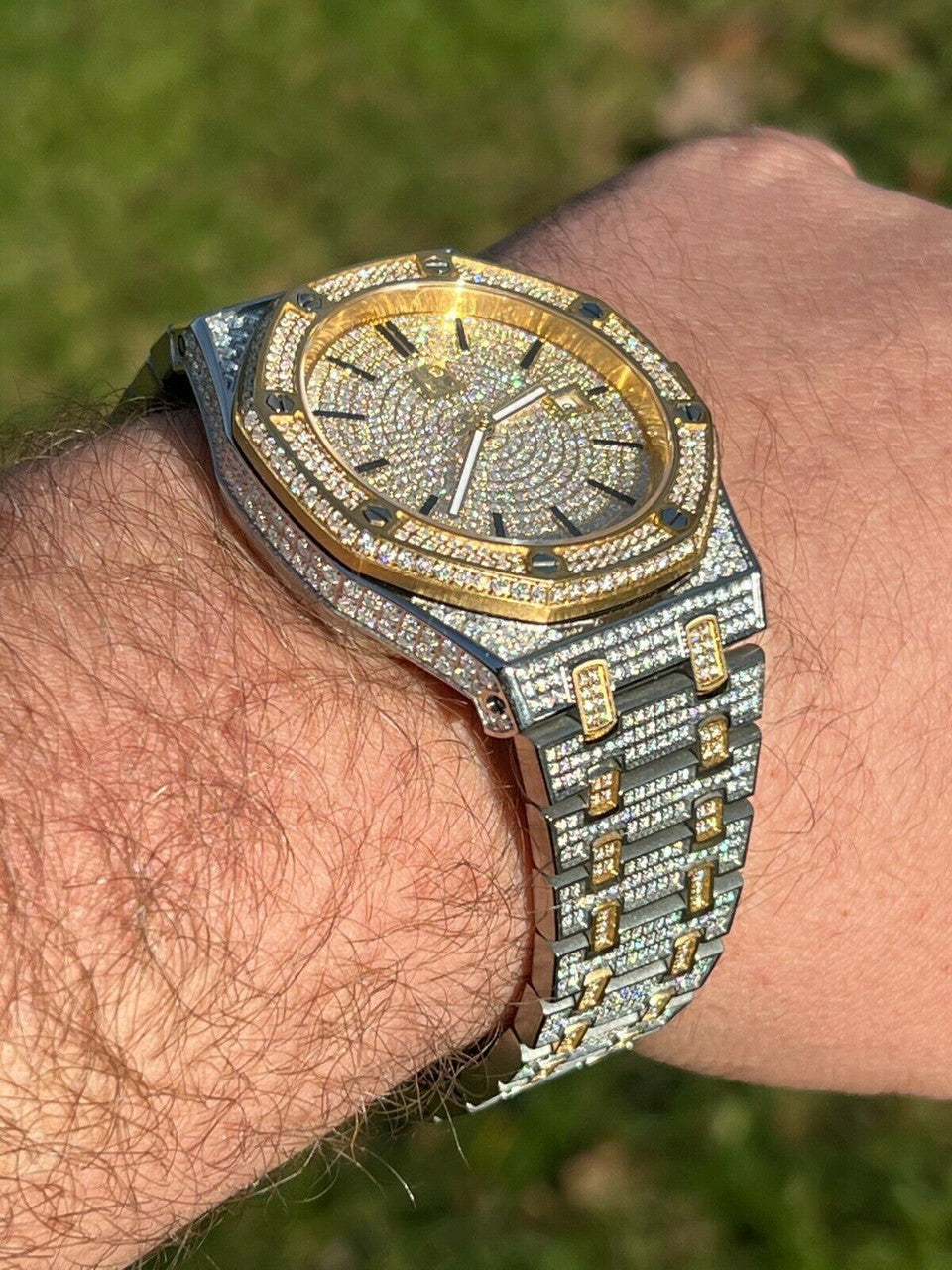 Hip Hop Real Mens Watch Iced Bust Down Skeleton Back Automatic Gold Two Tone 44mm HipHop