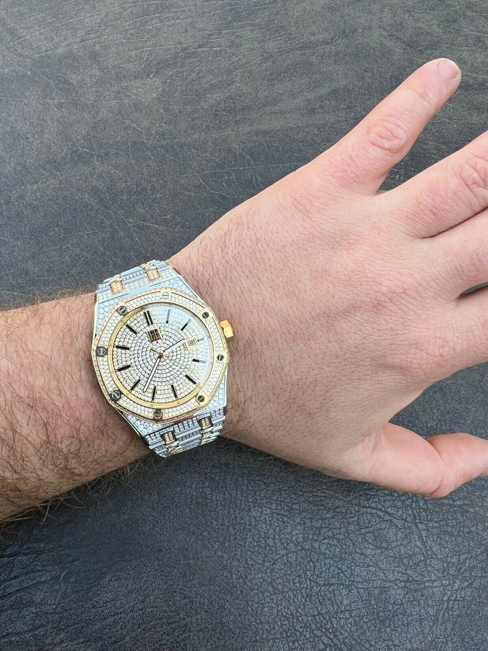 Hip Hop Real Mens Watch Iced Bust Down Skeleton Back Automatic Gold Two Tone 44mm HipHop