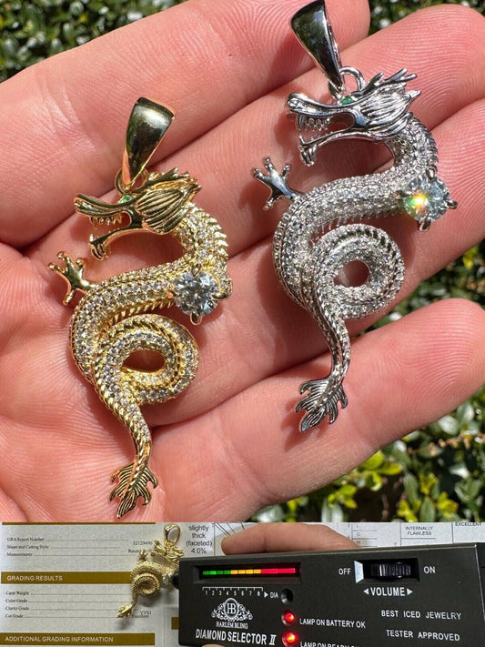 Hip Hop Real Moissanite 3D Dragon Pendant Iced Necklace 925 Silver / 14k Gold Hip Hop