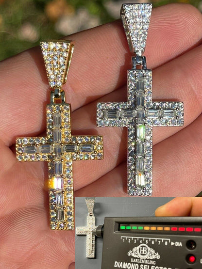 Hip Hop Real MOISSANITE Baguette Cross Pendant Iced Hip Hop Necklace Pass Diamond Tester
