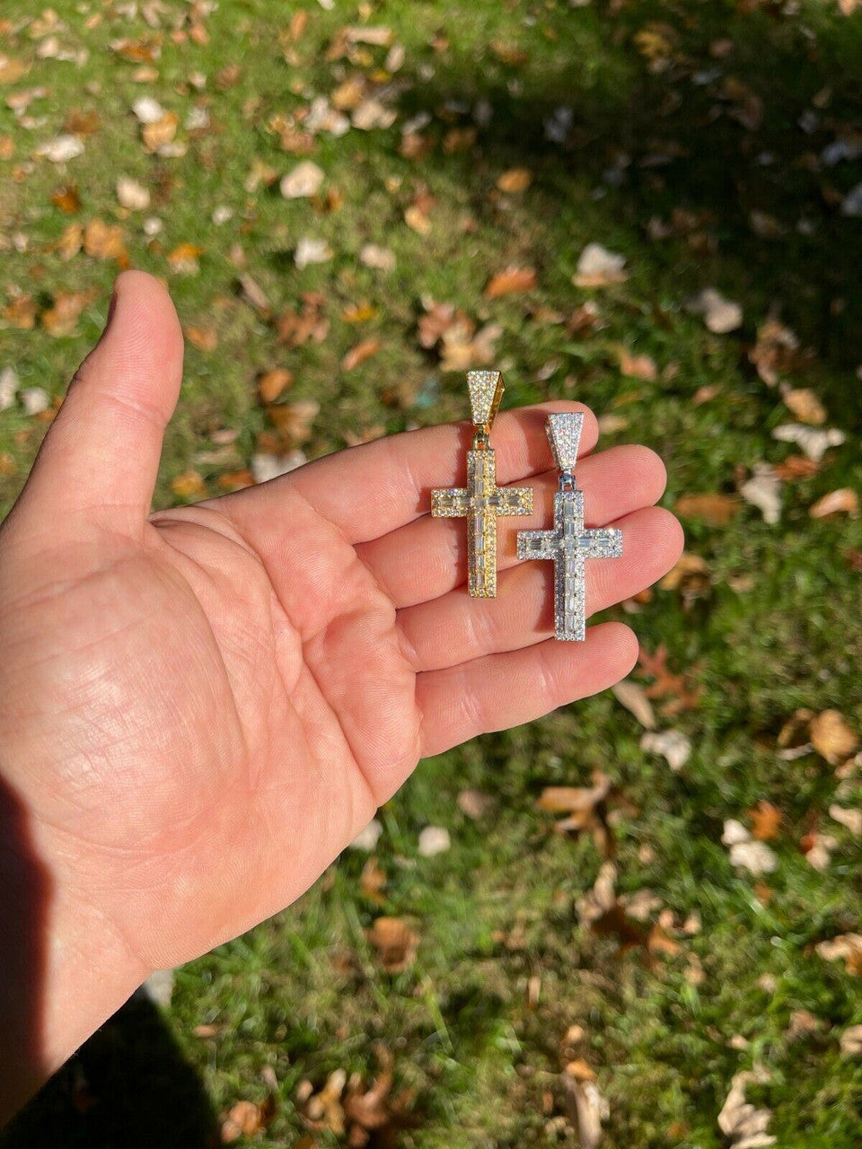 Hip Hop Real MOISSANITE Baguette Cross Pendant Iced Hip Hop Necklace Pass Diamond Tester