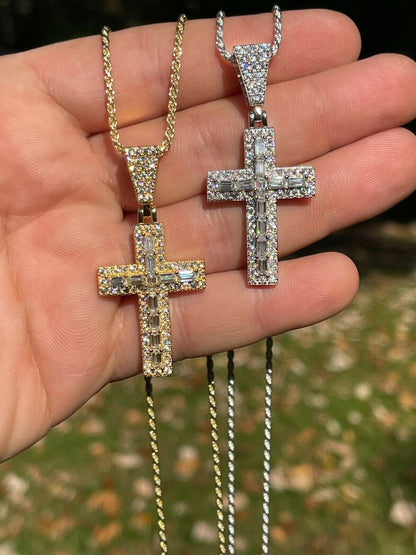Hip Hop Real MOISSANITE Baguette Cross Pendant Iced Hip Hop Necklace Pass Diamond Tester