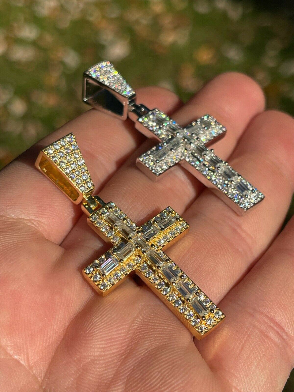 Hip Hop Real MOISSANITE Baguette Cross Pendant Iced Hip Hop Necklace Pass Diamond Tester