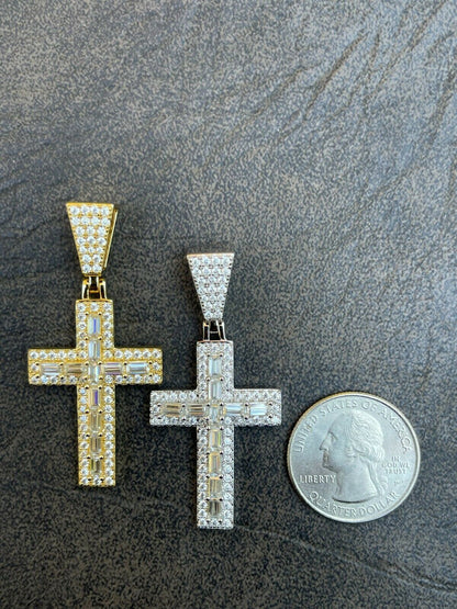 Hip Hop Real MOISSANITE Baguette Cross Pendant Iced Hip Hop Necklace Pass Diamond Tester