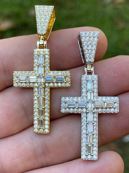 Hip Hop Real MOISSANITE Baguette Cross Pendant Iced Hip Hop Necklace Pass Diamond Tester