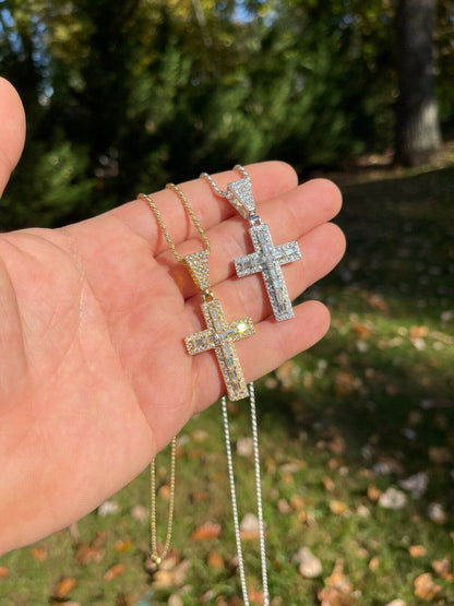 Hip Hop Real MOISSANITE Baguette Cross Pendant Iced Hip Hop Necklace Pass Diamond Tester