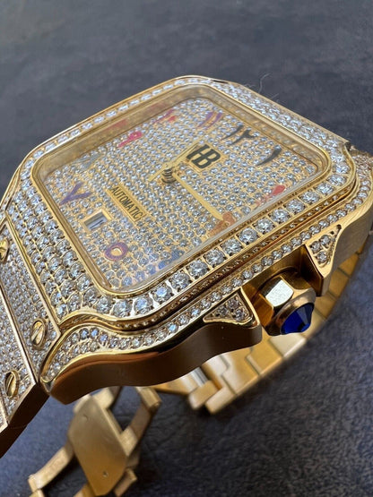 Hip Hop Real MOISSANITE Gold Watch Iced Automatic Arabic #s Hip Hop Pass Diamond Tester