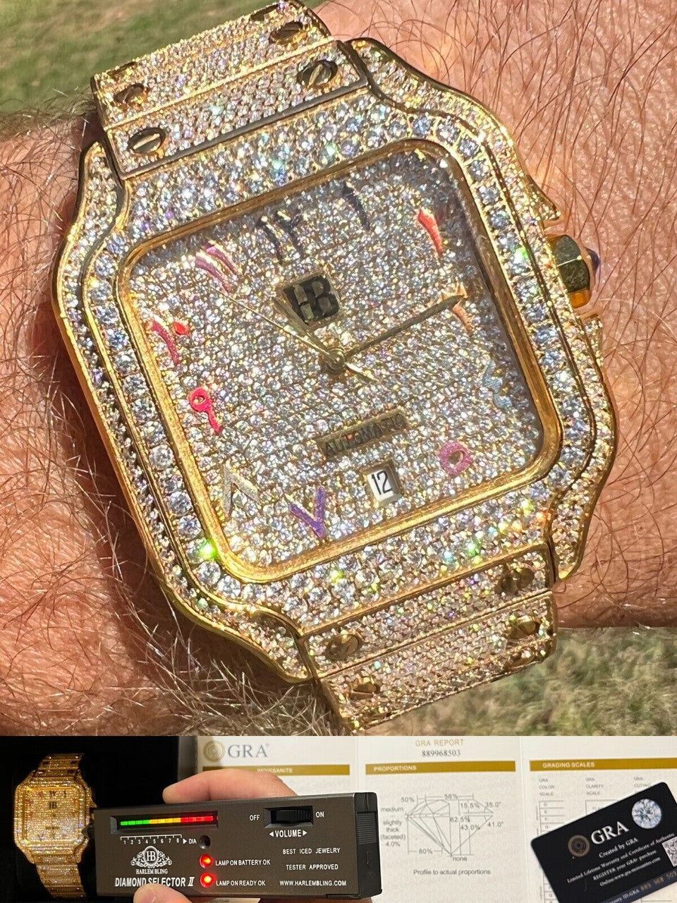 Hip Hop Real MOISSANITE Gold Watch Iced Automatic Arabic #s Hip Hop Pass Diamond Tester