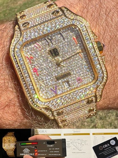 Hip Hop Real MOISSANITE Gold Watch Iced Automatic Arabic #s Hip Hop Pass Diamond Tester