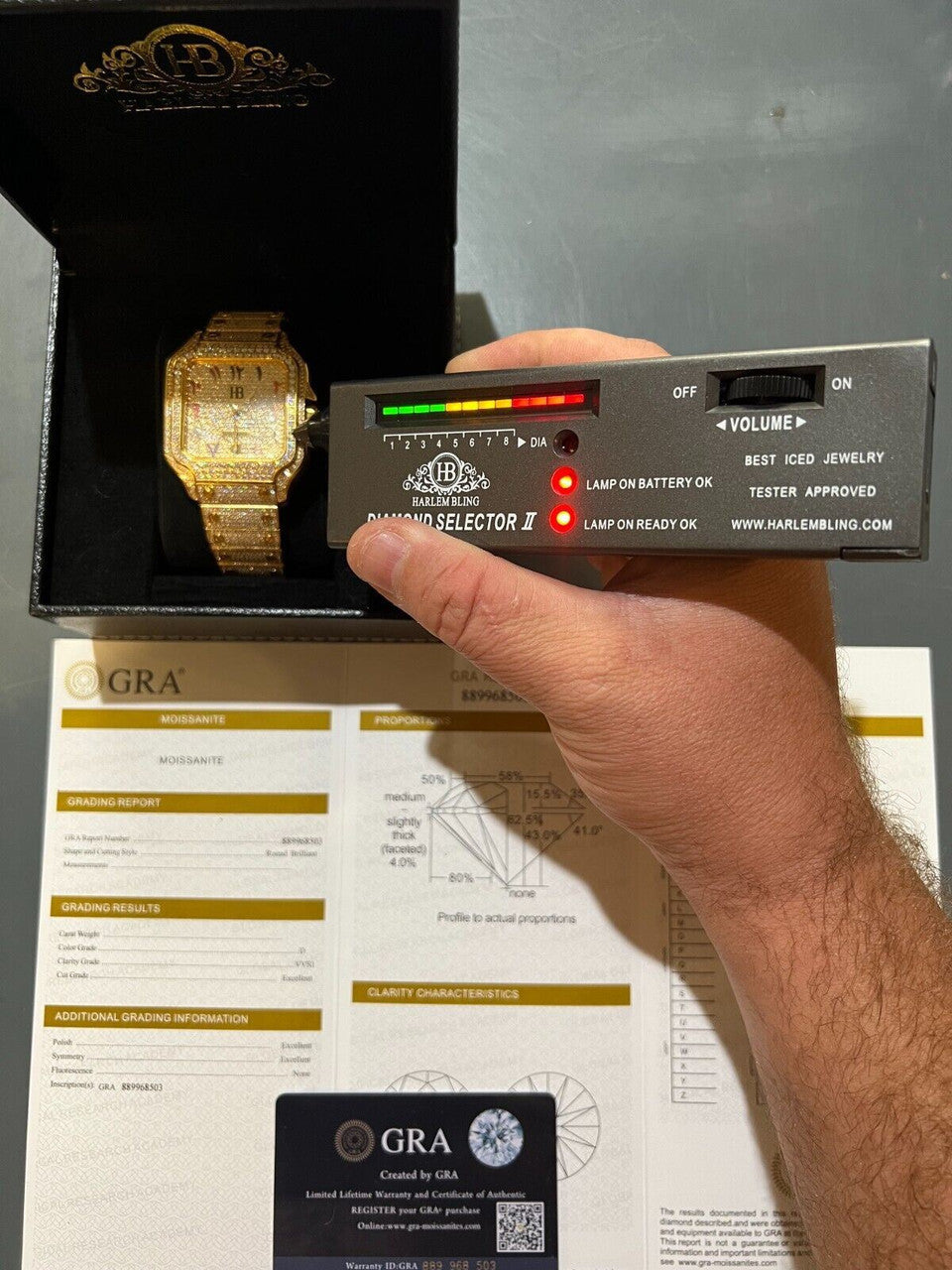 Hip Hop Real MOISSANITE Gold Watch Iced Automatic Arabic #s Hip Hop Pass Diamond Tester