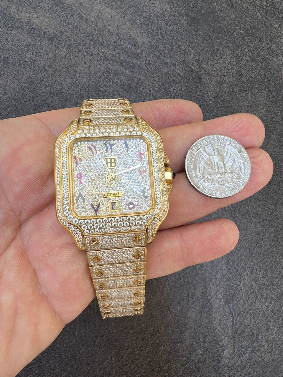 Hip Hop Real MOISSANITE Gold Watch Iced Automatic Arabic #s Hip Hop Pass Diamond Tester