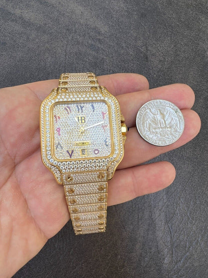 Hip Hop Real MOISSANITE Gold Watch Iced Automatic Arabic #s Hip Hop Pass Diamond Tester