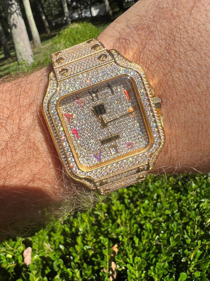 Hip Hop Real MOISSANITE Gold Watch Iced Automatic Arabic #s Hip Hop Pass Diamond Tester