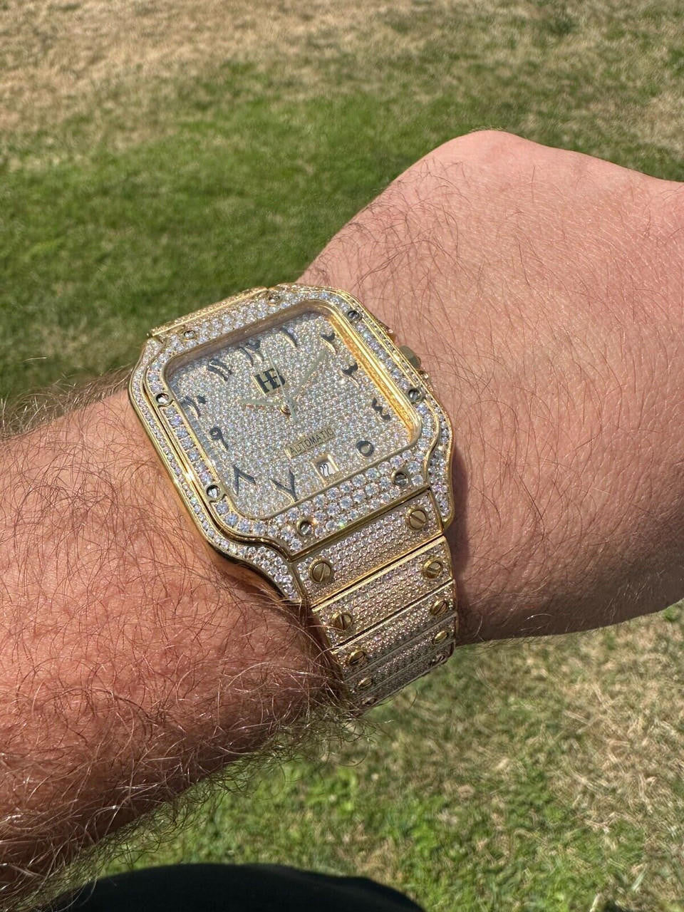 Hip Hop Real MOISSANITE Hip Hop Watch Fully Iced Mens Automatic Movement Gold Arabic