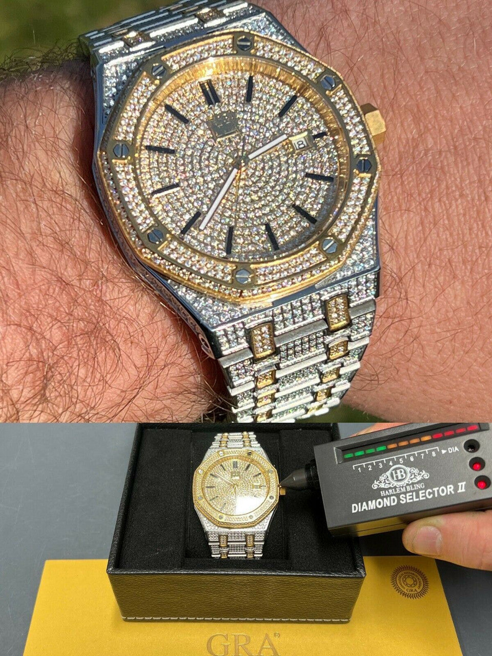 Hip Hop Real MOISSANITE Mens Skeleton Watch Iced Gold and Silver Hip Hop Pass Diamond Test