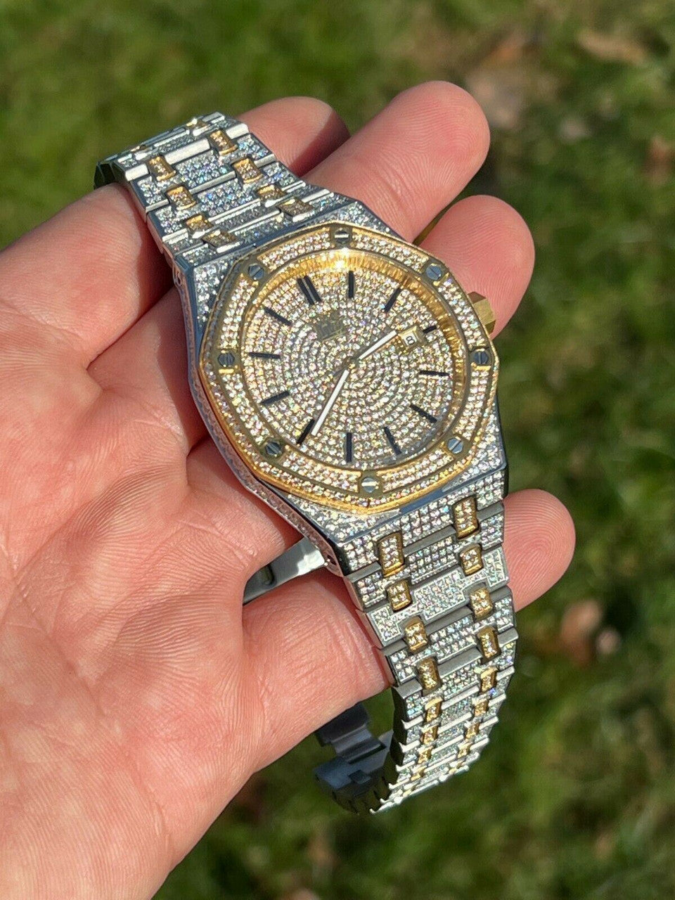 Hip Hop Real MOISSANITE Mens Skeleton Watch Iced Gold and Silver Hip Hop Pass Diamond Test