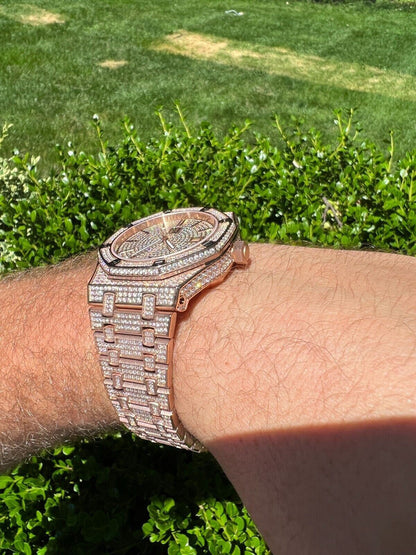 Hip Hop Real MOISSANITE Mens Skeleton Watch Iced Rose Gold Hip Hop Pass Diamond Test