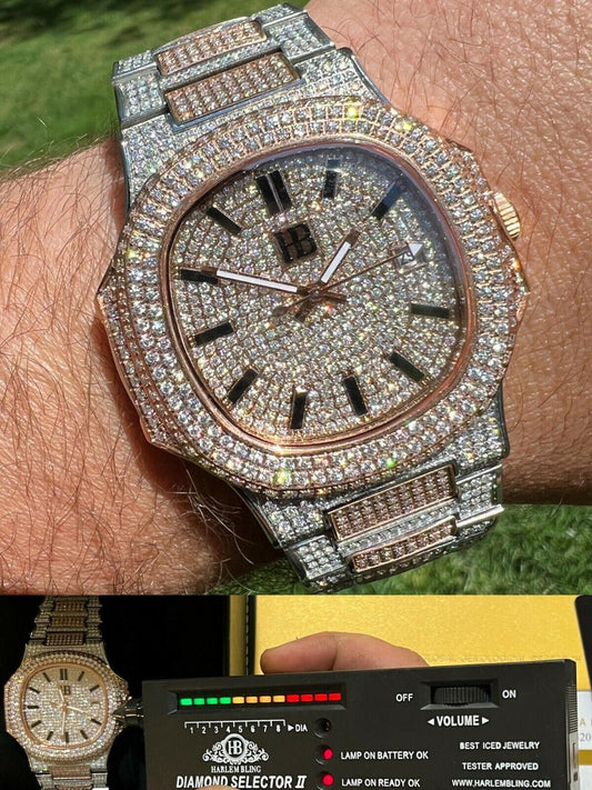 Hip Hop Real MOISSANITE Mens Watch Fully Iced Rose Stainless Hip Hop Passes Diamond Test
