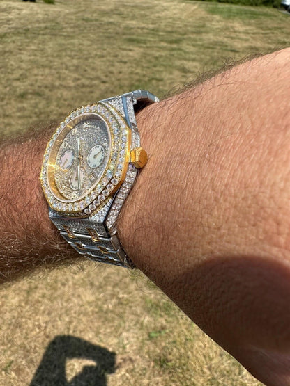 Hip Hop Real MOISSANITE Mens Watch Gold Two Tone Iced Skeleton Back Hip Hop Pass Tester