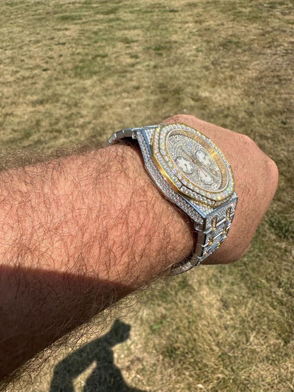 Hip Hop Real MOISSANITE Mens Watch Gold Two Tone Iced Skeleton Back Hip Hop Pass Tester