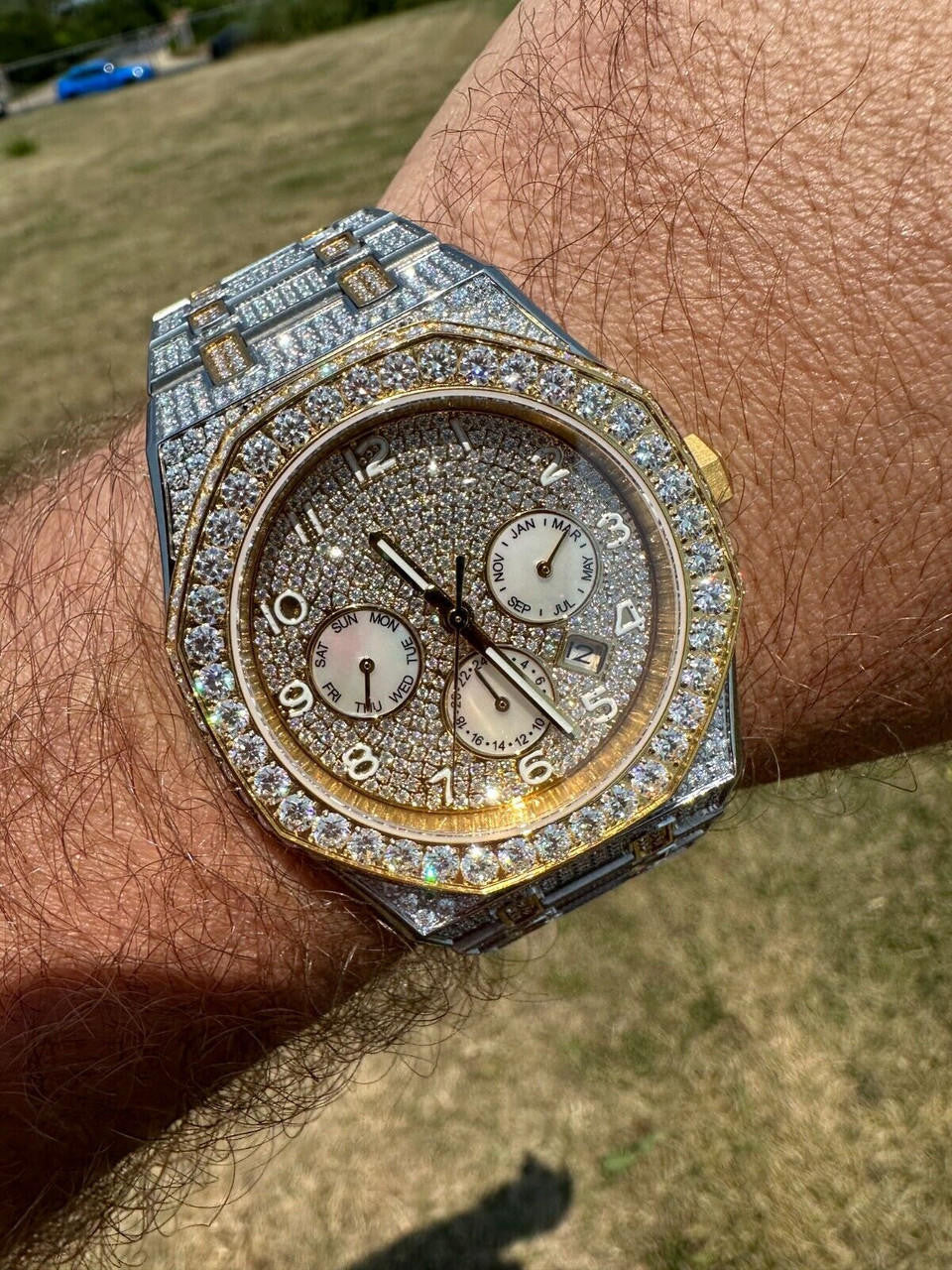 Hip Hop Real MOISSANITE Mens Watch Gold Two Tone Iced Skeleton Back Hip Hop Pass Tester