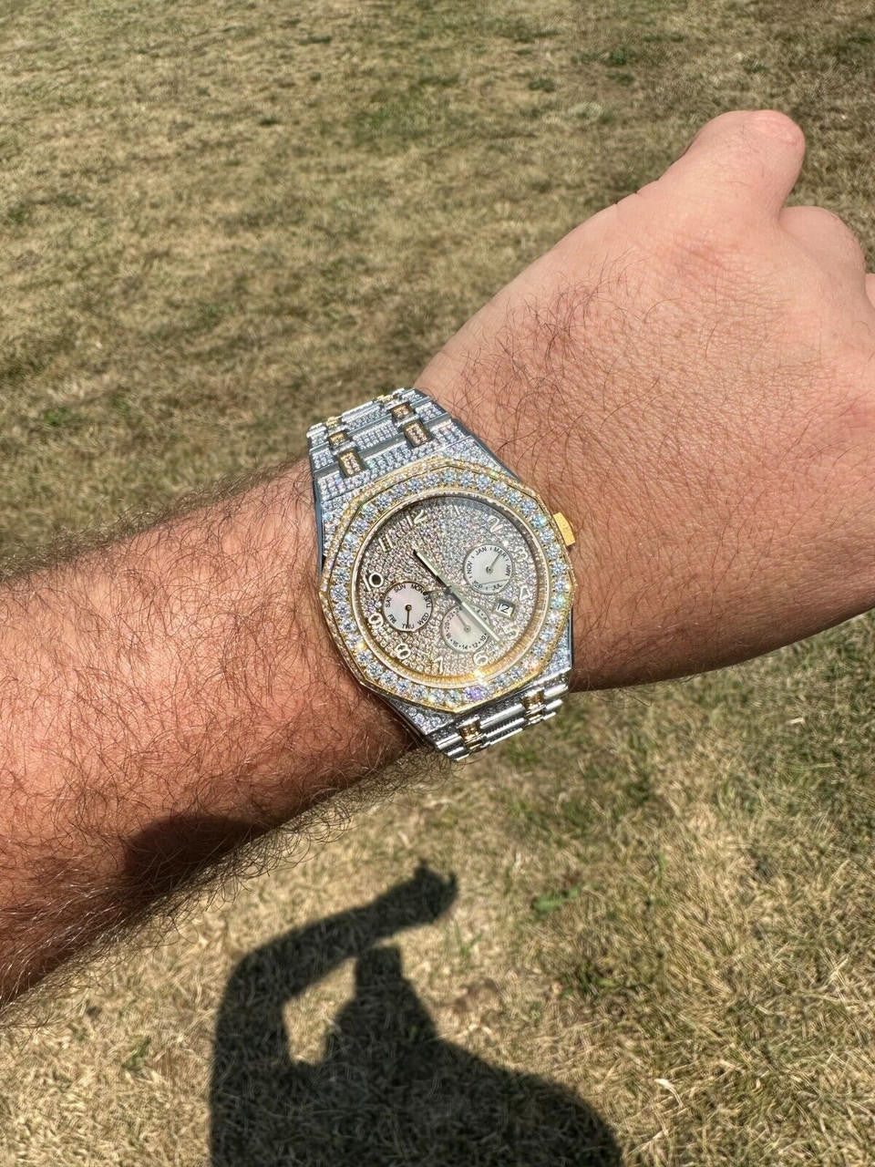 Hip Hop Real MOISSANITE Mens Watch Gold Two Tone Iced Skeleton Back Hip Hop Pass Tester