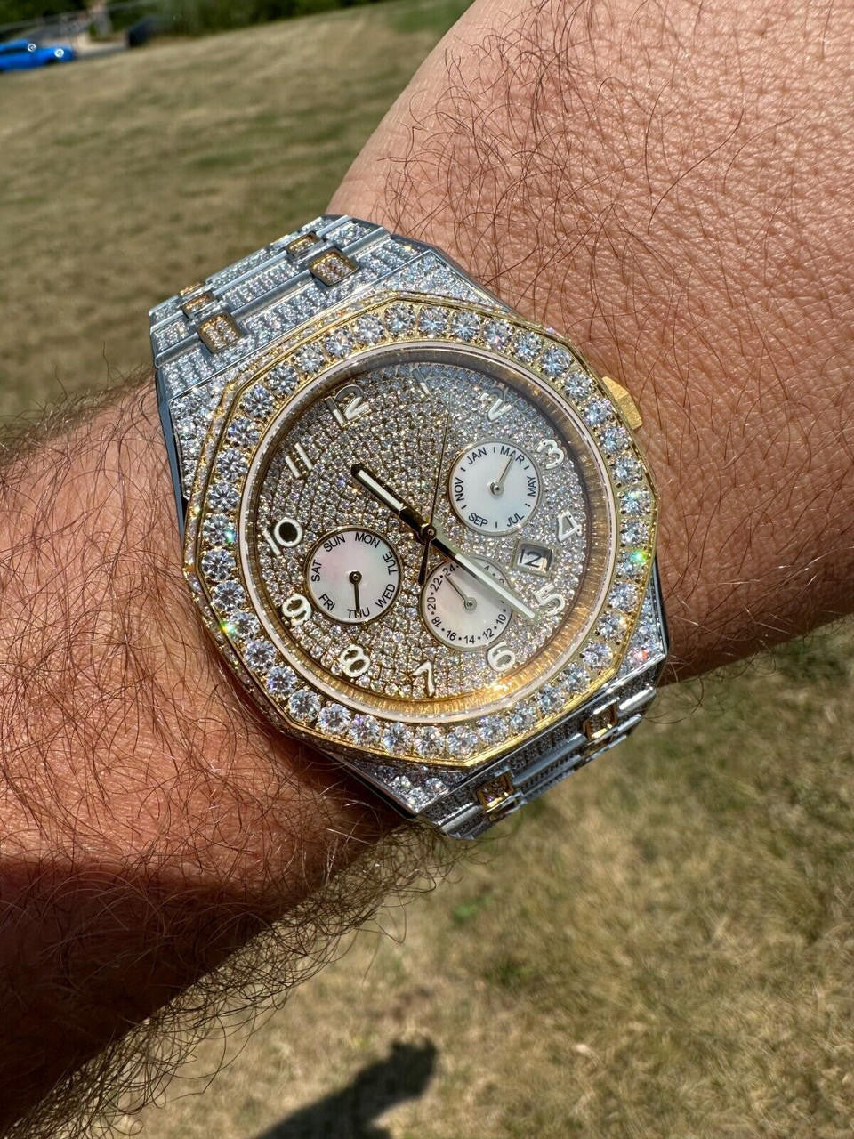 Hip Hop Real MOISSANITE Mens Watch Gold Two Tone Iced Skeleton Back Hip Hop Pass Tester