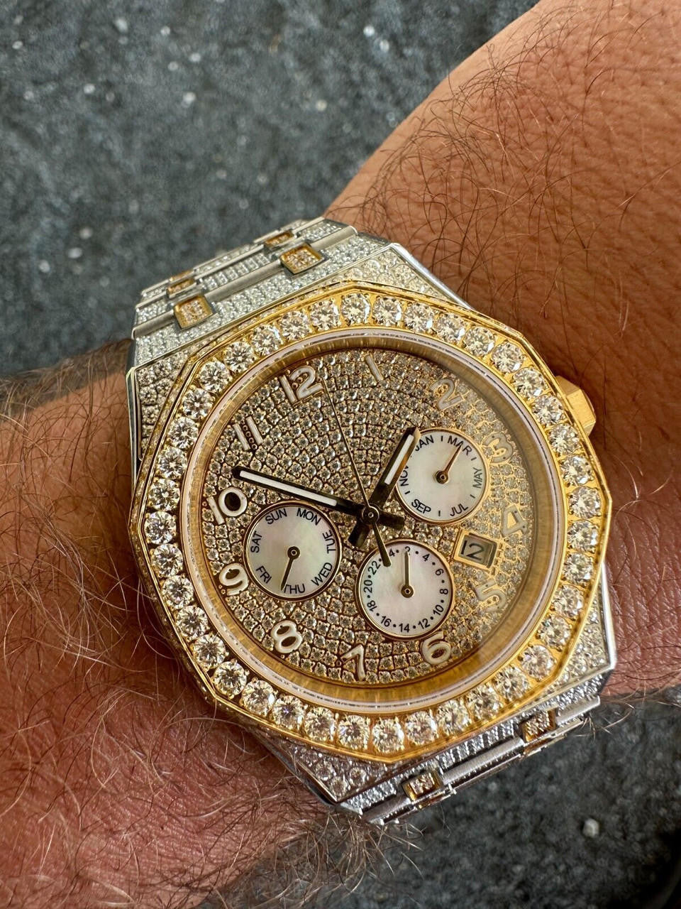 Hip Hop Real MOISSANITE Mens Watch Gold Two Tone Iced Skeleton Back Hip Hop Pass Tester