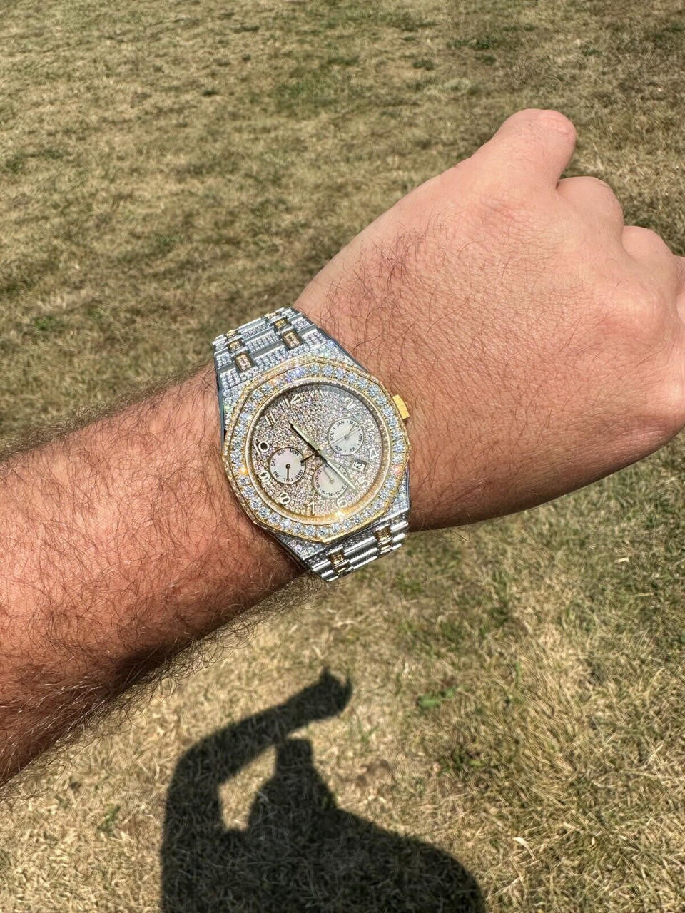 Hip Hop Real MOISSANITE Mens Watch Gold Two Tone Iced Skeleton Back Hip Hop Pass Tester