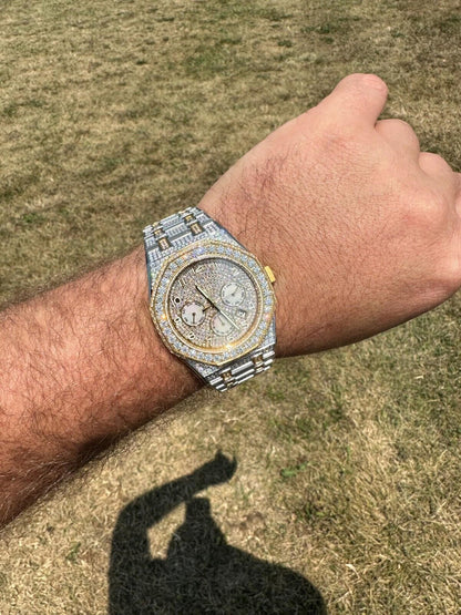 Hip Hop Real MOISSANITE Mens Watch Gold Two Tone Iced Skeleton Back Hip Hop Pass Tester