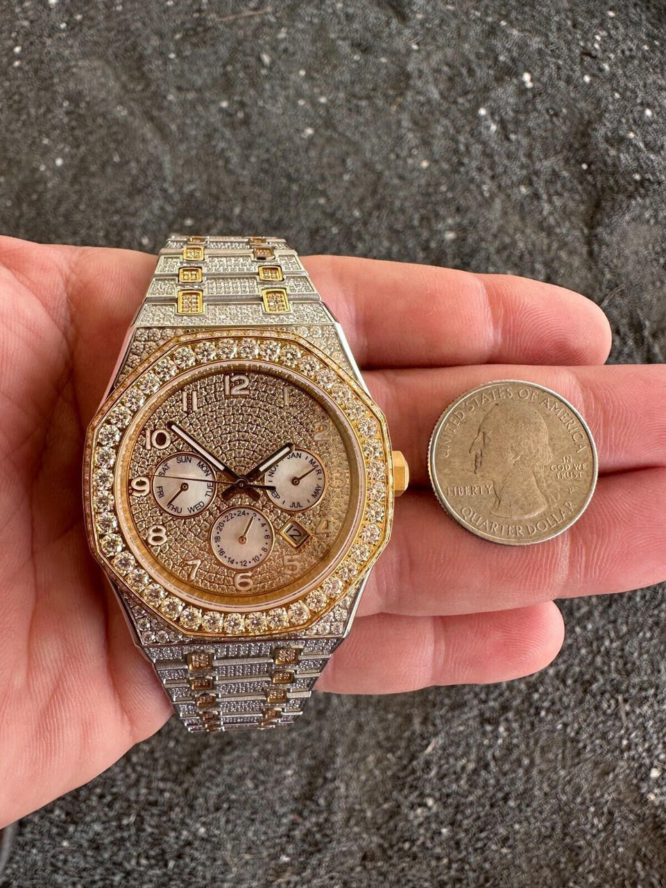 Hip Hop Real MOISSANITE Mens Watch Gold Two Tone Iced Skeleton Back Hip Hop Pass Tester