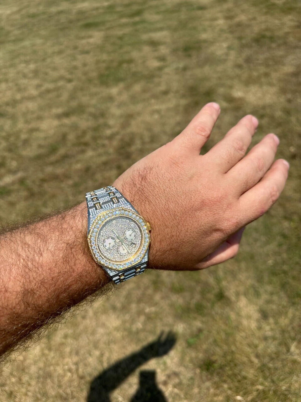 Hip Hop Real MOISSANITE Mens Watch Gold Two Tone Iced Skeleton Back Hip Hop Pass Tester