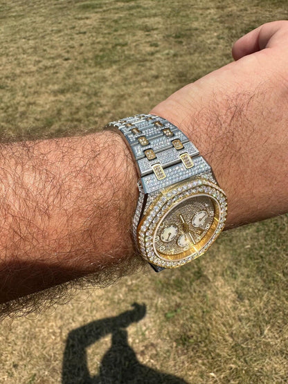 Hip Hop Real MOISSANITE Mens Watch Gold Two Tone Iced Skeleton Back Hip Hop Pass Tester