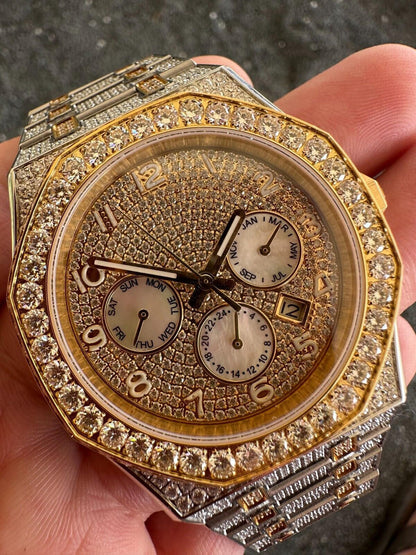 Hip Hop Real MOISSANITE Mens Watch Gold Two Tone Iced Skeleton Back Hip Hop Pass Tester