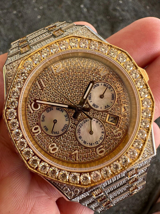 Hip Hop Real MOISSANITE Mens Watch Gold Two Tone Iced Skeleton Back Hip Hop Pass Tester