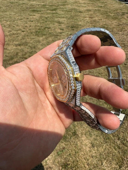 Hip Hop Real MOISSANITE Mens Watch Gold Two Tone Iced Skeleton Back Hip Hop Pass Tester