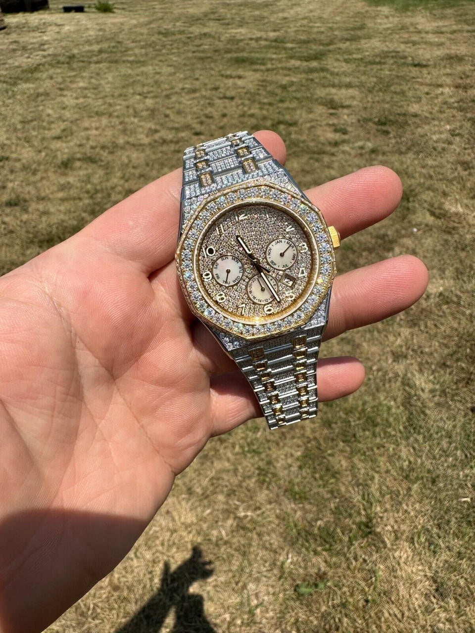 Hip Hop Real MOISSANITE Mens Watch Gold Two Tone Iced Skeleton Back Hip Hop Pass Tester