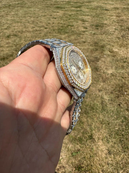 Hip Hop Real MOISSANITE Mens Watch Gold Two Tone Iced Skeleton Back Hip Hop Pass Tester