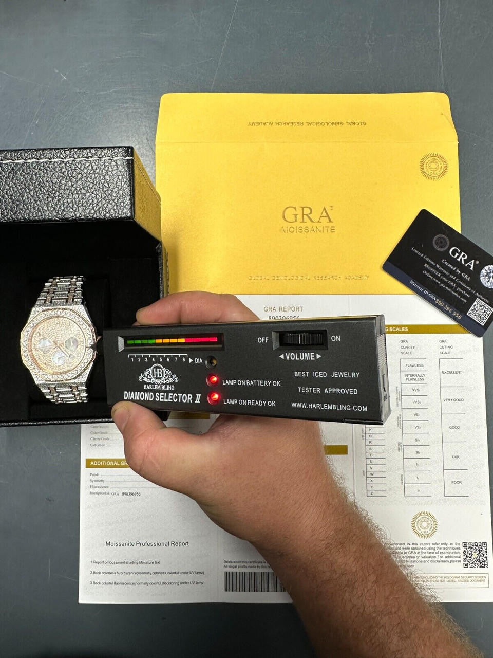 Hip Hop Real MOISSANITE Mens Watch Gold Two Tone Iced Skeleton Back Hip Hop Pass Tester