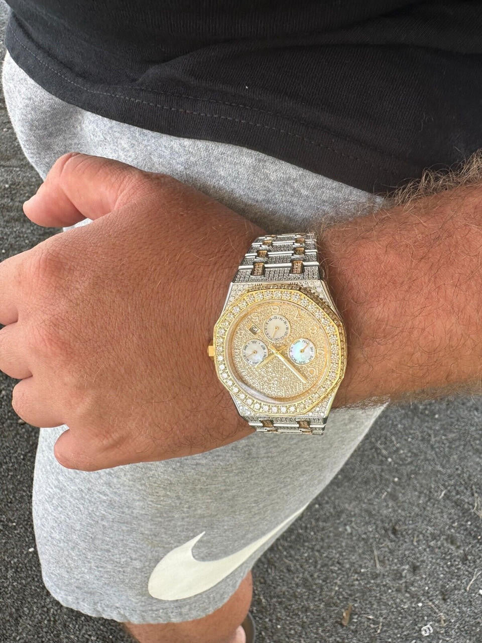 Hip Hop Real MOISSANITE Mens Watch Gold Two Tone Iced Skeleton Back Hip Hop Pass Tester