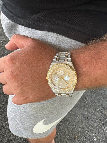 Hip Hop Real MOISSANITE Mens Watch Gold Two Tone Iced Skeleton Back Hip Hop Pass Tester