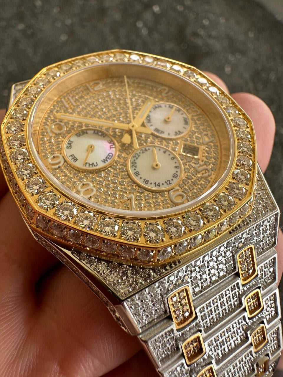 Hip Hop Real MOISSANITE Mens Watch Gold Two Tone Iced Skeleton Back Hip Hop Pass Tester