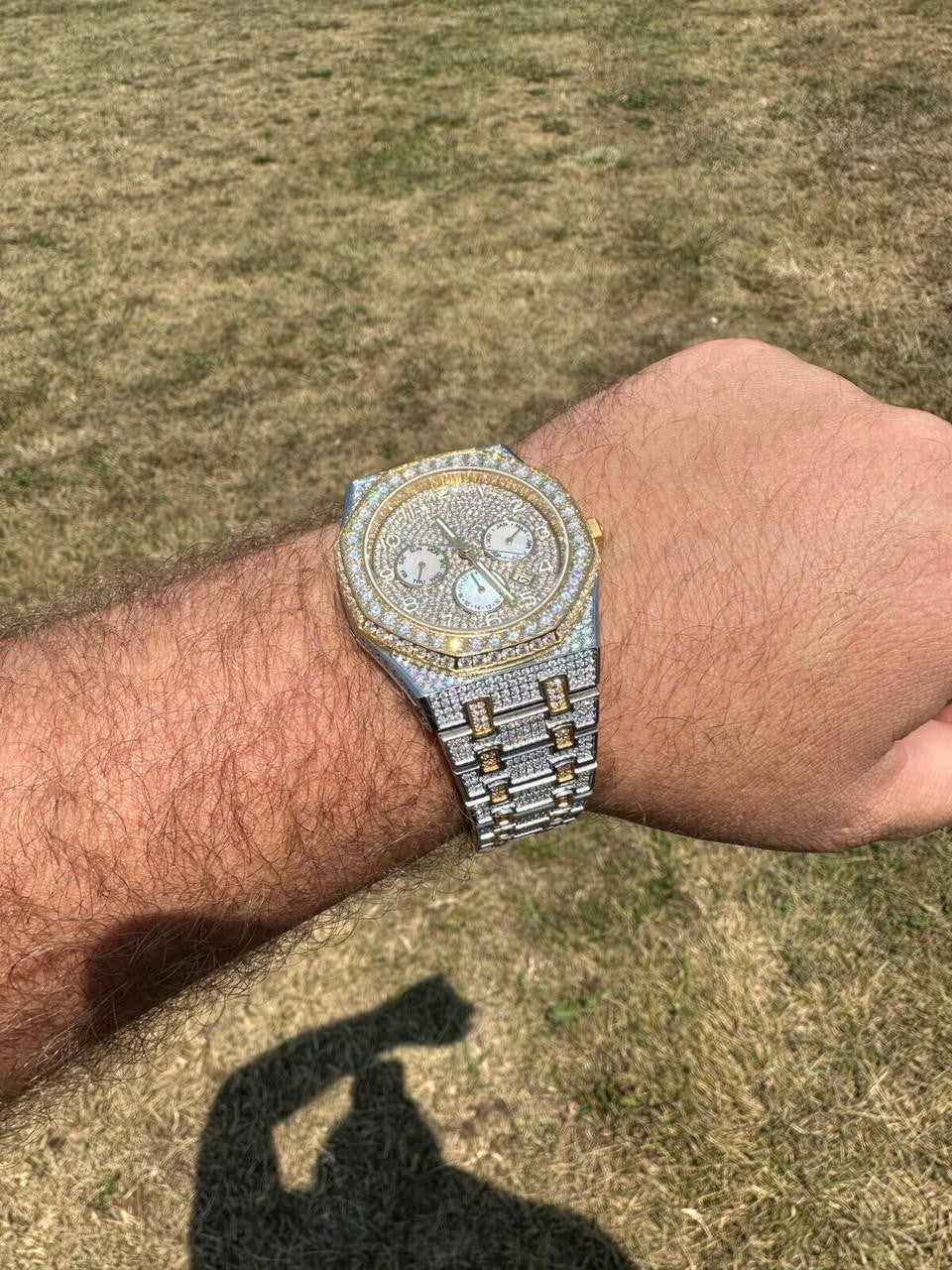 Hip Hop Real MOISSANITE Mens Watch Gold Two Tone Iced Skeleton Back Hip Hop Pass Tester