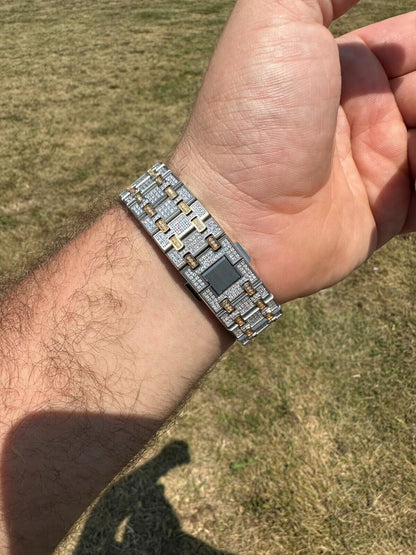 Hip Hop Real MOISSANITE Mens Watch Gold Two Tone Iced Skeleton Back Hip Hop Pass Tester