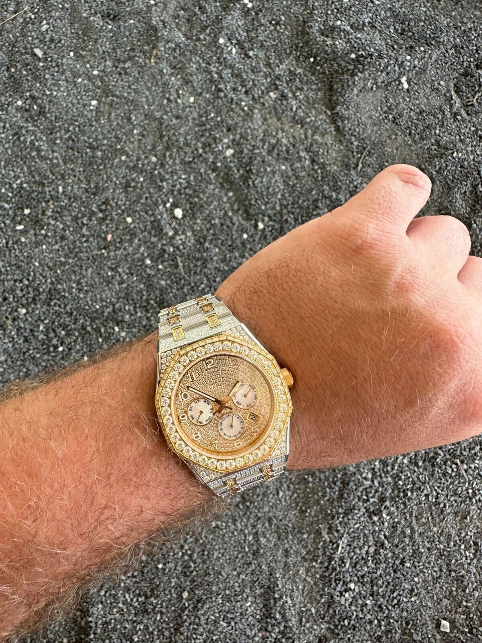 Hip Hop Real MOISSANITE Mens Watch Gold Two Tone Iced Skeleton Back Hip Hop Pass Tester