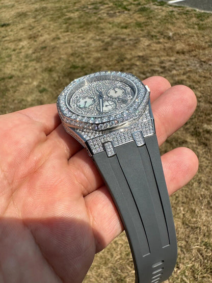 Hip Hop Real MOISSANITE Mens Watch Iced Skeleton Back 44mm Hip Hop - Gray Silicone Band