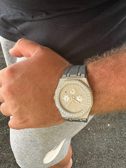 Hip Hop Real MOISSANITE Mens Watch Iced Skeleton Back 44mm Hip Hop - Gray Silicone Band