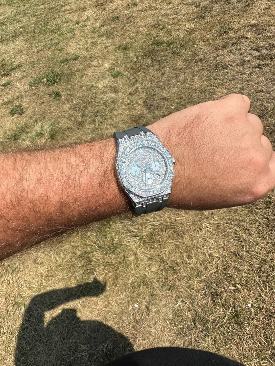 Hip Hop Real MOISSANITE Mens Watch Iced Skeleton Back 44mm Hip Hop - Gray Silicone Band