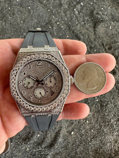 Hip Hop Real MOISSANITE Mens Watch Iced Skeleton Back 44mm Hip Hop - Gray Silicone Band